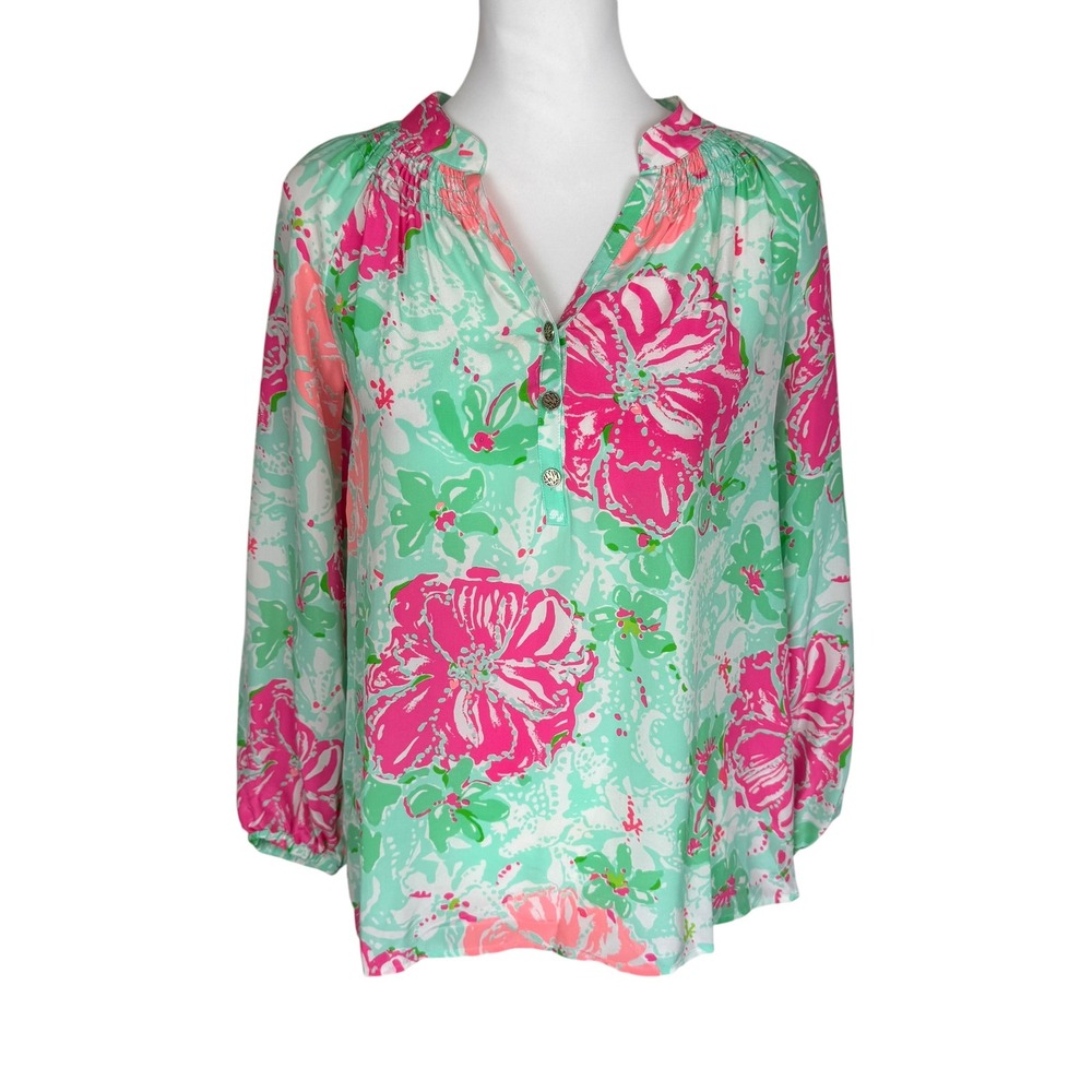 Lilly Pulitzer Elsa Top Pink Green Floral 100% Silk Blouse XS Smocked Neckline‎